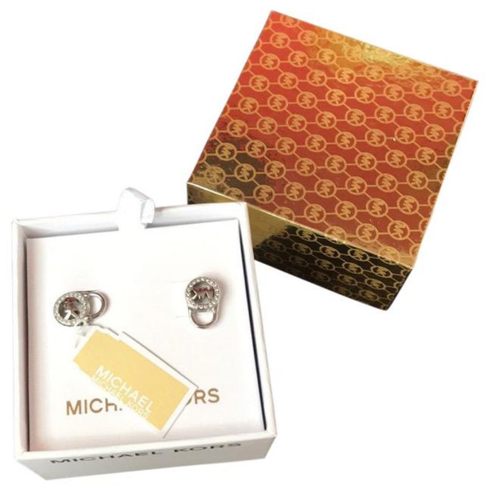 MK Sliver Tone Crystals Logo Lock Stud Earrings